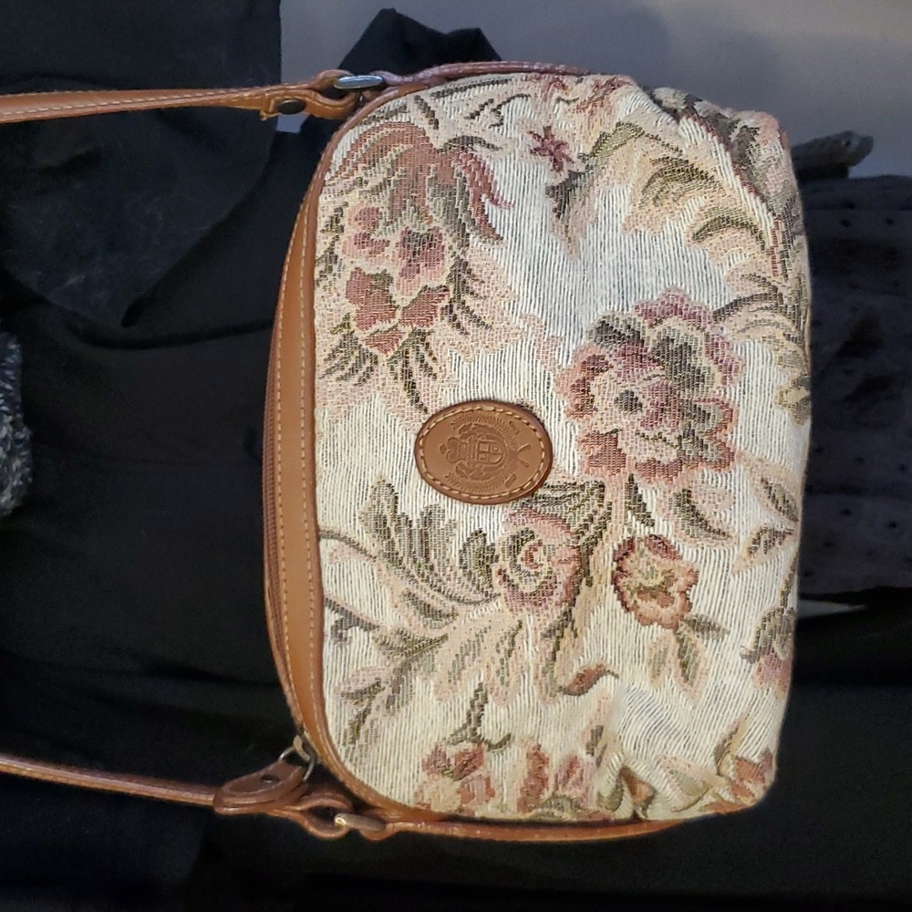 Floral Tapestry Vintage Small Purse Shoulder Bag Genuine Tan Brown Leather Trim